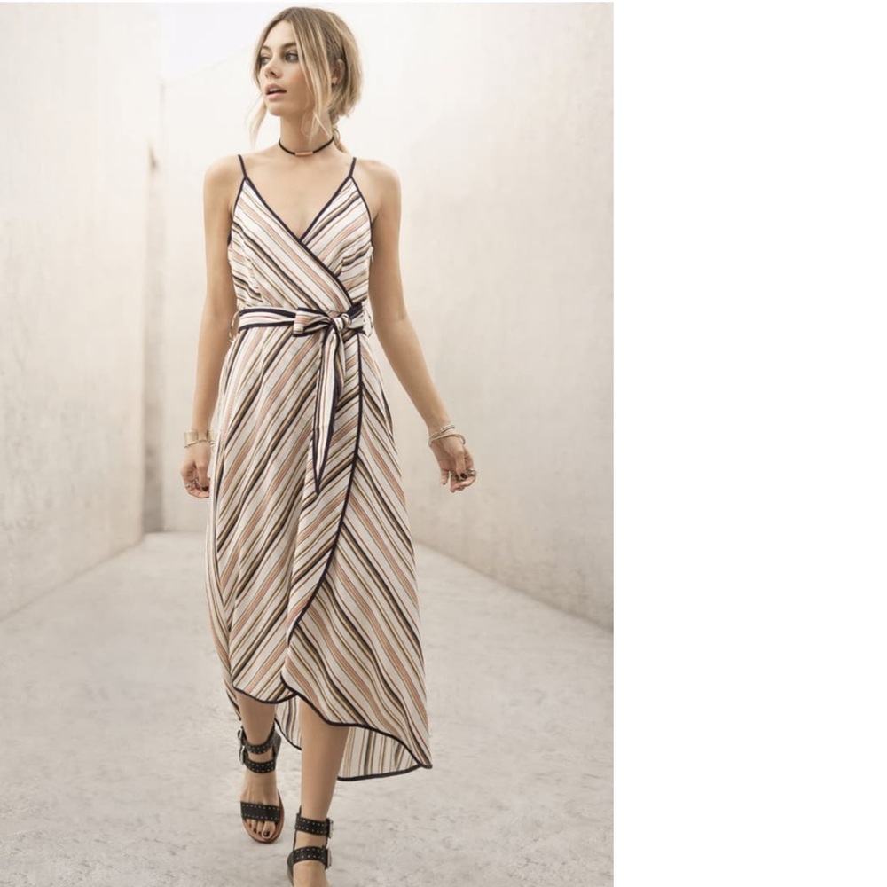 Moon River Stripe Midi Faux Wrap Dress